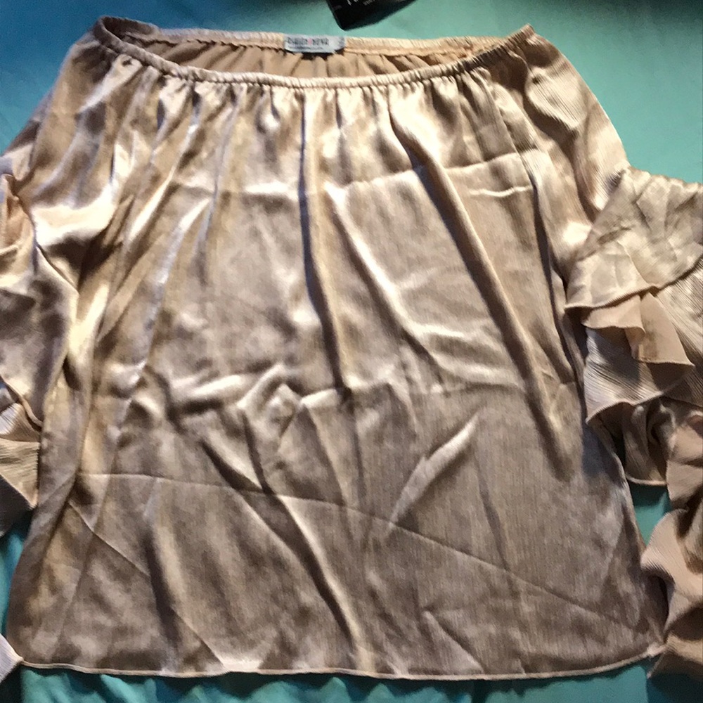 It’s an off the shoulder blush bronze blouse.